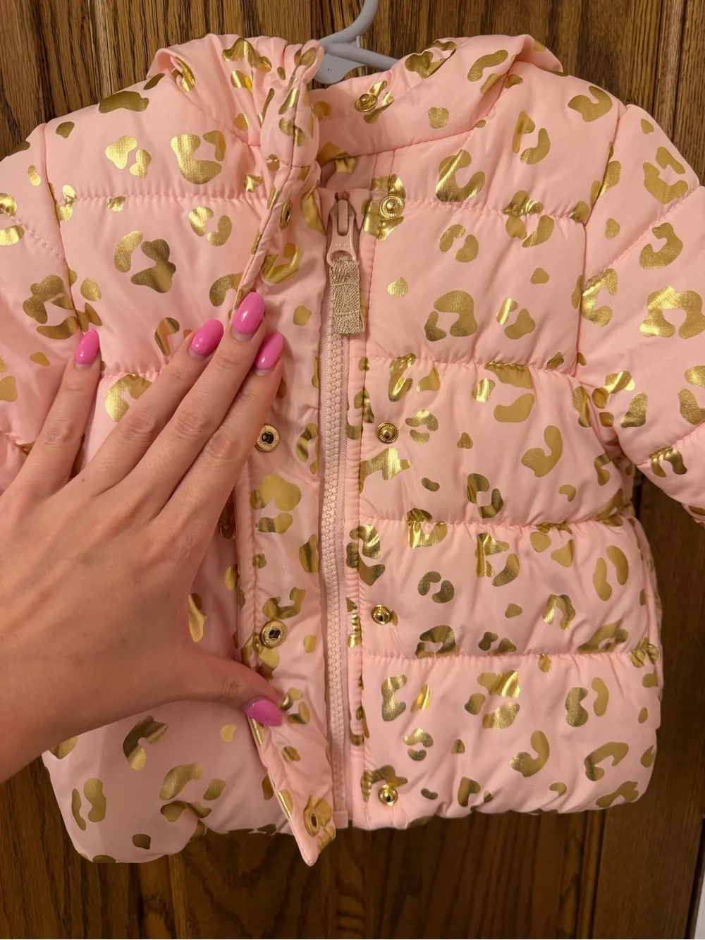 Carter’s Girls' Pink Puffer Winter Jacket with Gold Leaopard Print 12 Month